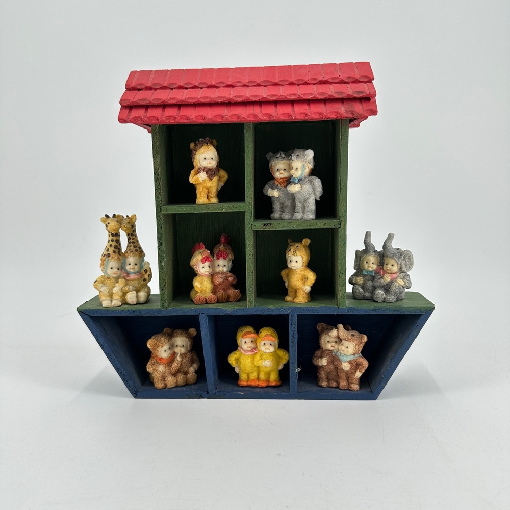 Noah's Ark Wooden Shadow Box Wall Decor Children in Animal Costumes Figurines
